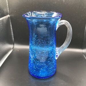 Handblown Royal BlueCrackle Glass Pitcher W Applied Clear Ribbed Handle 7” Tall